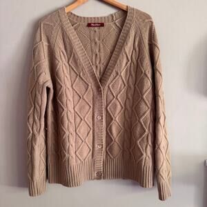 MaxMara Studio Tan Cable Knit Wool Cashmere Chunky Cardigan Sweater Size Medium